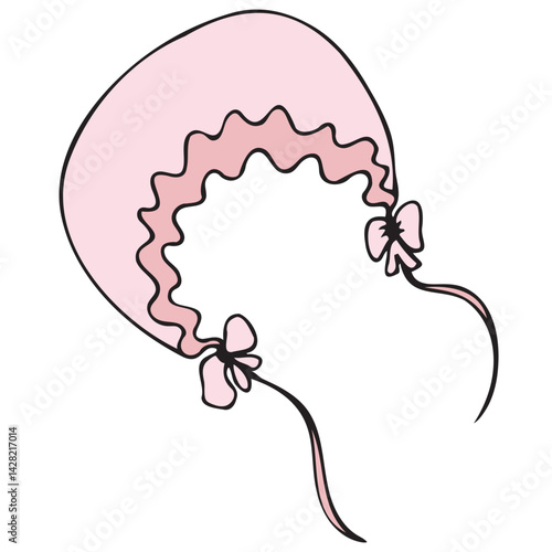 cute pink lace bonnet for little girl, vector cute colored children s element in doodle style with black outline, delicate colors