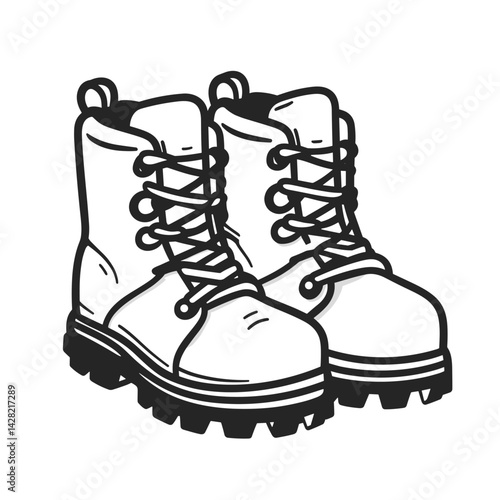 Hiking boots in minimalist line art style on white background  