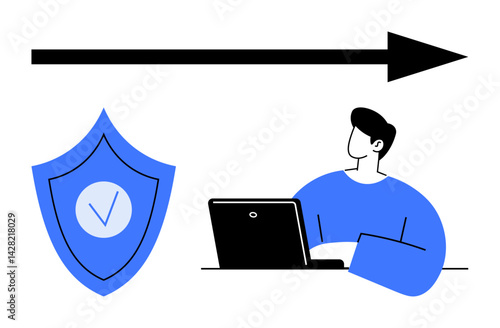 Man using laptop near shield with checkmark symbolizes data security, protection, trust, online privacy, encryption, compliance. Ideal for technology, cybersecurity, workplace education business