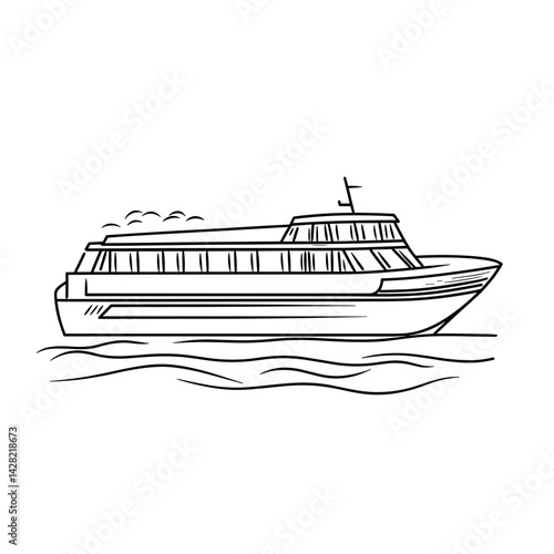 Cruise Ship Sailing on Water in Minimalist Line Art Style  