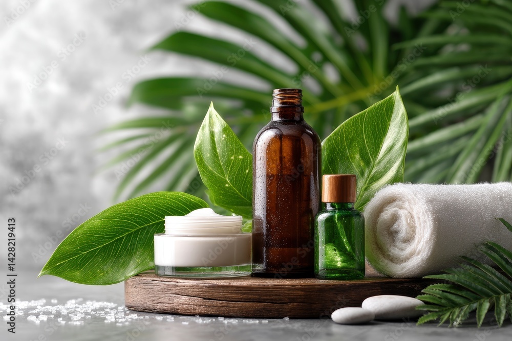 Spa Treatment Still Life with Lotion, Oils, and Towel Spa Treatment Still Life with Lotion, Oils, and Towel