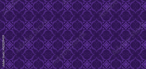 Elegant purple pattern of scrolled elements and diamond shapes