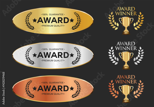 Number 1 Best Quality Luxury Gold Bronze Silver badge premium emblem isolated on black background stock illustration 
