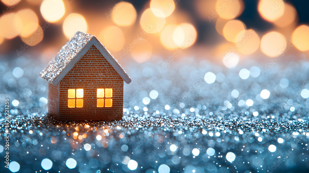 Miniature House on Shimmering Surface with Blurred Lights Background Miniature House on Shimmering Surface with Blurred Lights Background