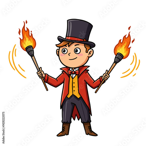 Fire juggler smiling while spinning flaming torches against white background  