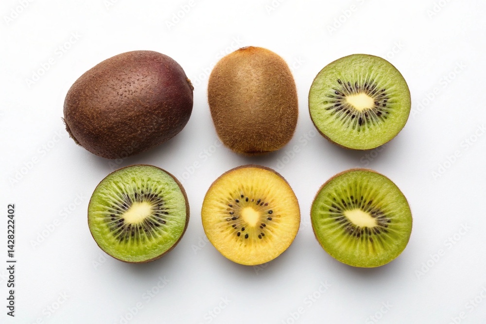 Vibrant Kiwi Flatlay: Juicy Whole and Sliced Kiwifruit on a Pristine White Background, Perfect for Recipes, Health Blogs, and Food Advertising. High-Resolution Image Ideal for Upscaled Prints and