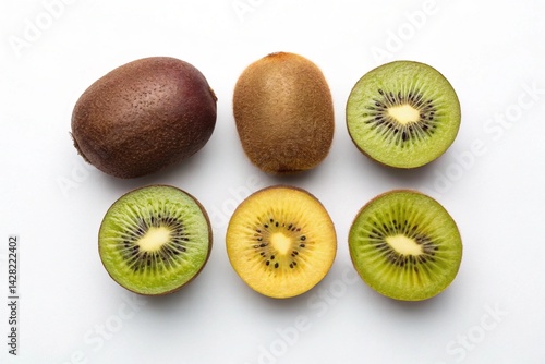 Obraz na płótnie Vibrant Kiwi Flatlay: Juicy Whole and Sliced Kiwifruit on a Pristine White Background, Perfect for Recipes, Health Blogs, and Food Advertising. High-Resolution Image Ideal for Upscaled Prints and w salonie