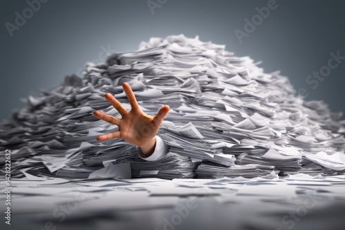 Surreal Image , Overwhelmed by Paperwork: Hand Emerging from Pile of Documents, Stress Concept, Stock Photo, Muted Gray Background