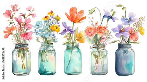 watercolor wild flower bouquets in  jars, clipart on a white background