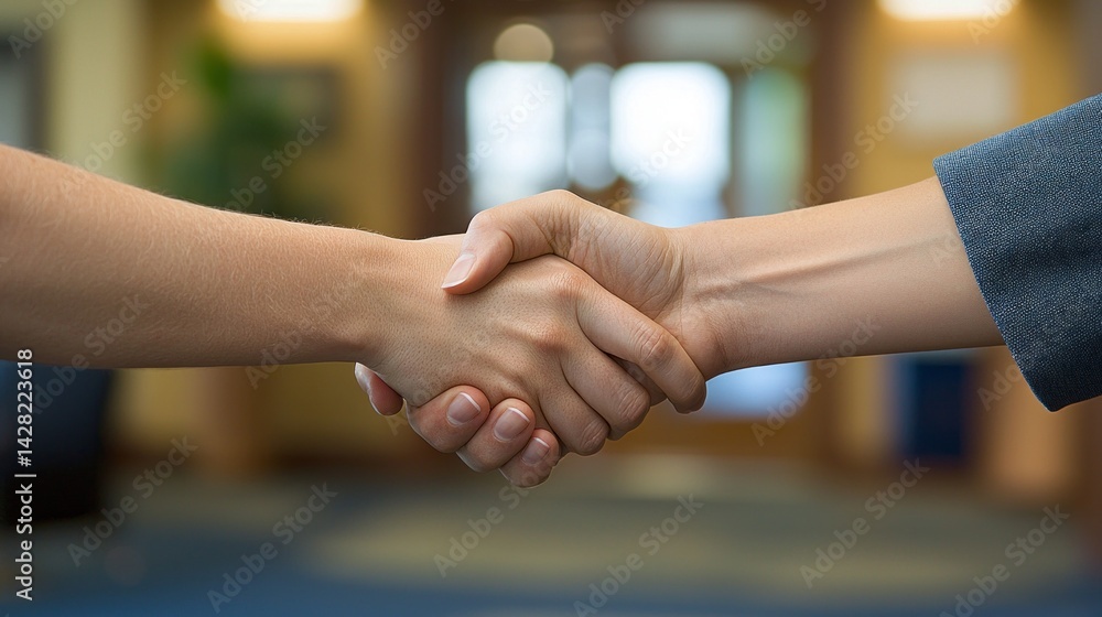 Two hands engage in a handshake, signifying agreement and partnership within a bright and contemporary office space. A sense of professionalism fills the air as connections are made