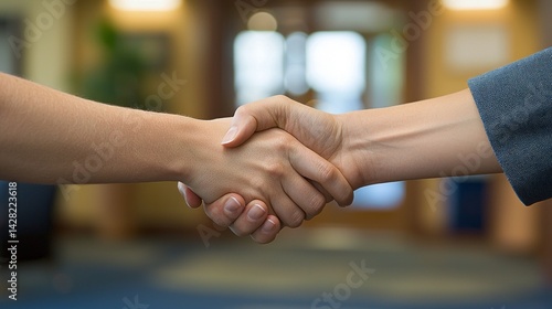 Obraz na płótnie Two hands engage in a handshake, signifying agreement and partnership within a bright and contemporary office space. A sense of professionalism fills the air as connections are made w salonie