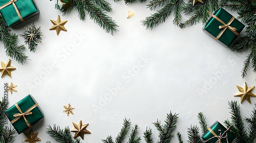 Festive Holiday Decorations with Green Gifts and Natural Elements