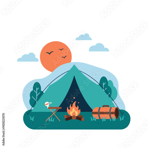 Camping under the sunset with a tent and campfire  