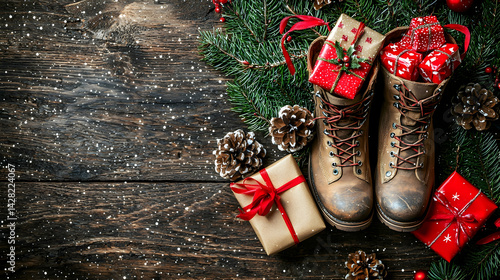 Rustic Winter Scene with Boots, Gifts, Pine Branches, Snowflakes