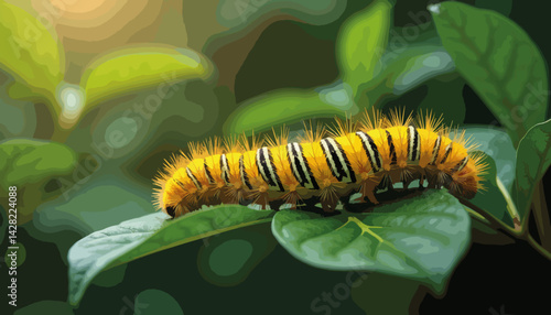 Vibrant caterpillar resting on green leaf, nature's beauty