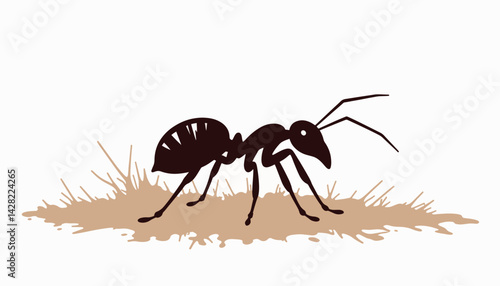 Ant exploring stylized dirt particles, symbolism of industriousness