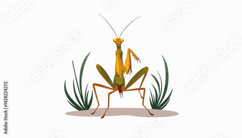 Stylized praying mantis illustration among abstract grass, nature art