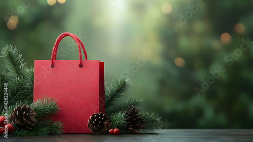 Festive Red Gift Bag Surrounded by Pine Branches and Cones