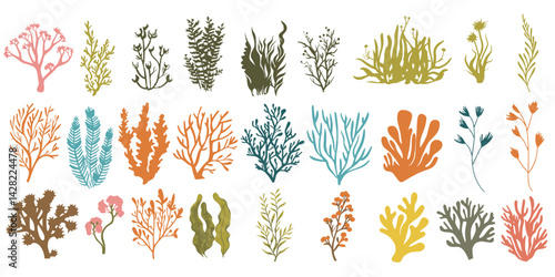 Set of coral cute cartoon hand draw SVG. illustration set tropical and seaweed underwater flowing clip art transparent background.