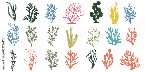 Set of coral cute cartoon hand draw SVG. illustration set tropical and seaweed underwater flowing clip art transparent background.