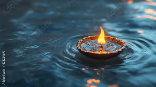 Floating diwali diya with steady flame on blue water ripples, Indian Diwali festival celebration