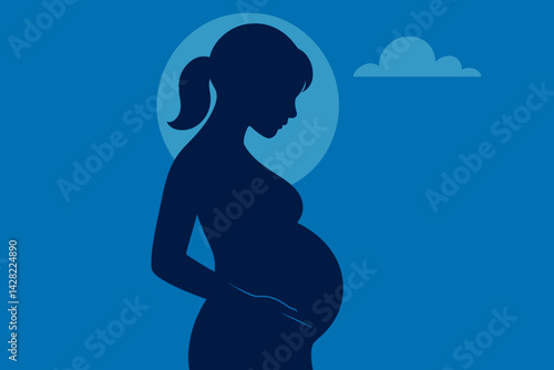 Pregnant woman silhouette embracing belly against blue background  