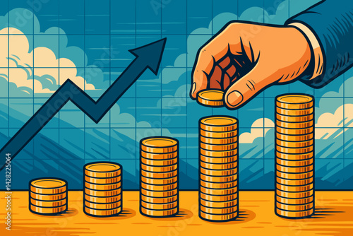 Hand Increases Investment Growth With Stacked Coins Against Graph Background  