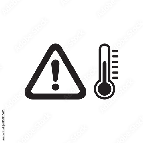 Black and White Icon of a Warning Sign and Thermometer Representing Temperature Alerts, Heat Safety, and Environmental Monitoring Editable Vector Illustration Isolated on a White Background