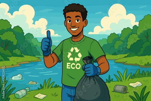 Eco Volunteer Smiling with Trash Bag by the River  