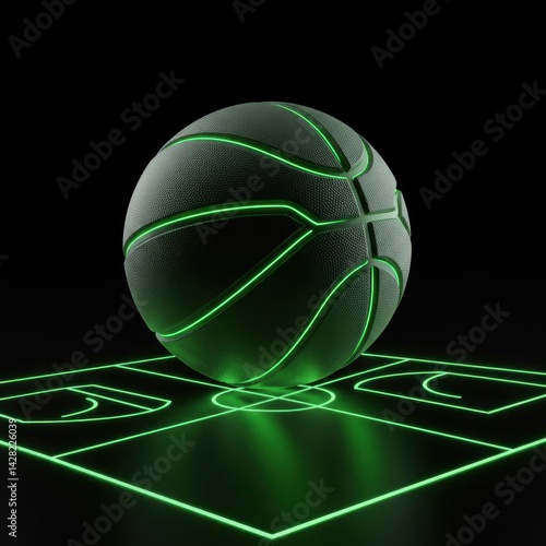 Glowing Green Basketball on Neon Court - Abstract Sport Photography;  Futuristic Basketball on Illuminated Court - 3D Render