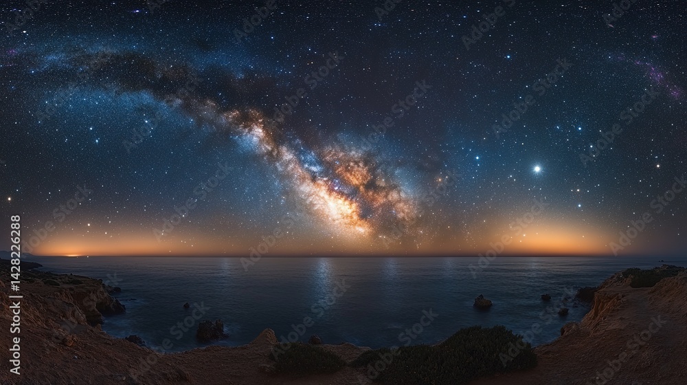 Fototapeta premium Coastal Milky Way Panorama at Sunset over the Ocean