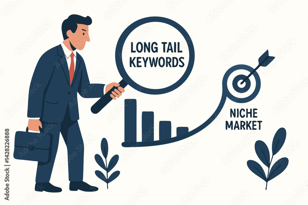 SEO Strategy Vector Illustration with Businessman Analyzing Long Tail Keywords for Niche Market Growth, Digital Marketing Research Concept for Business Success with Growth Chart and Target SEO Strategy Vector Illustration with Businessman Analyzing Long Tail Keywords for Niche Market Growth, Digital Marketing Research Concept for Business Success with Growth Chart and Target