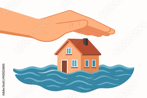 Home Flood Protection Concept Vector Illustration with Protective Hand Covering House Partially Submerged in Blue Water, Property Insurance Symbol for Natural Disaster Safety and Security