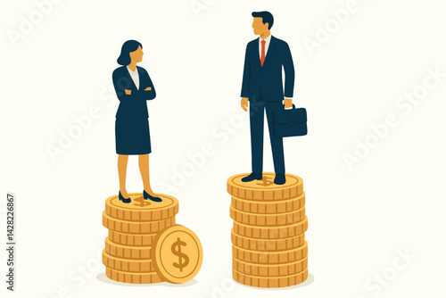 Gender Pay Gap Concept Vector Illustration with Business Man and Woman Standing on Unequal Money Coin Stacks, Corporate Wage Inequality Visualization, Financial Discrimination Design