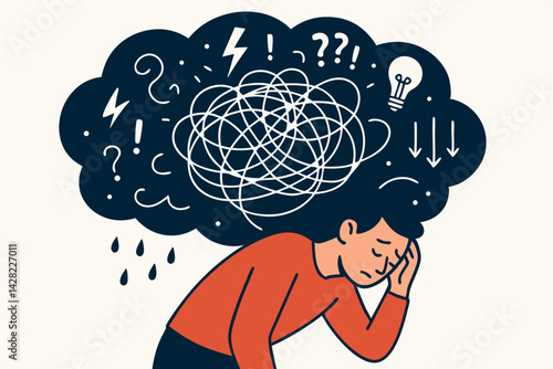 Mental Health Concept: Person Experiencing Anxiety, Depression, Stress and Overthinking with Chaotic Thought Cloud Containing Tangled Lines, Question Marks, Lightning Bolts and Raindrop Tears