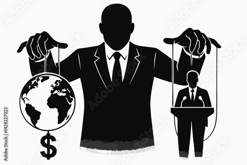 Global Manipulation Concept: Black Silhouette Vector Art of Business Figure Controlling World Economy and Political Puppet with Dollar Symbol and Earth Globe, Corporate Power Illustration