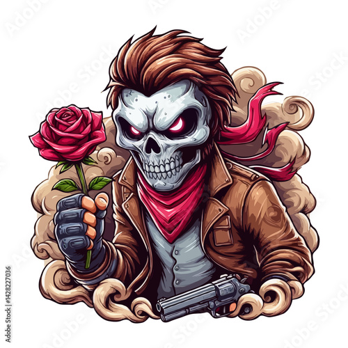Skull Cowboy with Rose and Gun