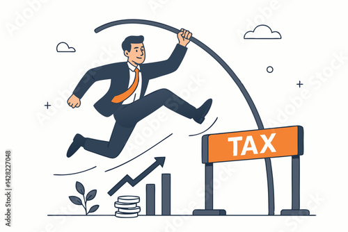 Business Professional Pole Vaulting Over Tax Hurdle - Businessman Overcoming Financial Obstacles Vector Illustration with Growth Chart and Money Coins - Corporate Finance Success Metaphor