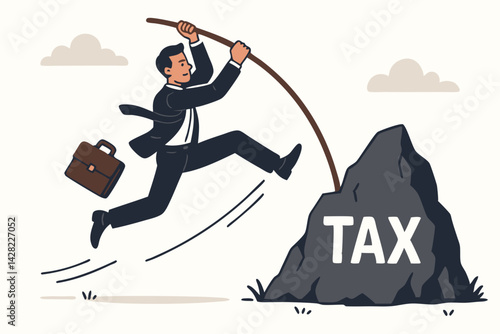 Business Tax Optimization Concept: Professional Businessman Pole Vaulting Over Tax Mountain Challenge, Financial Strategy Illustration for Accounting, Corporate Finance and Tax Planning Solutions