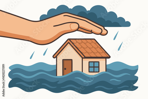 Home Insurance Protection Vector Illustration with Hand Sheltering House from Flood and Rain, Property Safety Concept for Natural Disaster Coverage, Homeowner Security Symbol, Flood Protection Graphic