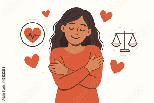Embrace self-care concept vector illustration. Young woman hugging herself with closed eyes, surrounded by hearts, heartbeat icon, and balance scales for mental wellness.