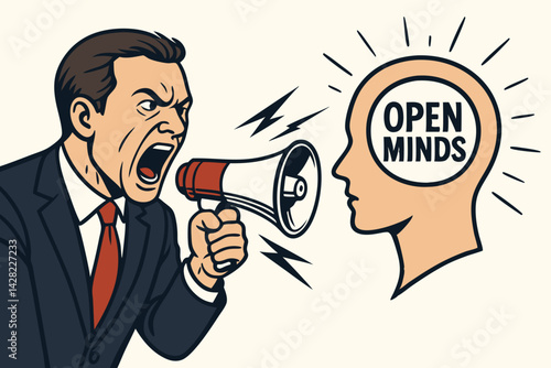 Businessman aggressively shouts through megaphone at 'Open Minds' head silhouette. Retro vector art illustrating forceful communication, conflict, protest, and debate concepts.