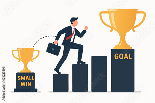 Motivated businessman running up chart steps, from small win to final goal trophy. Vector illustration depicting career growth, ambition, achieving targets, step-by-step progress, success.