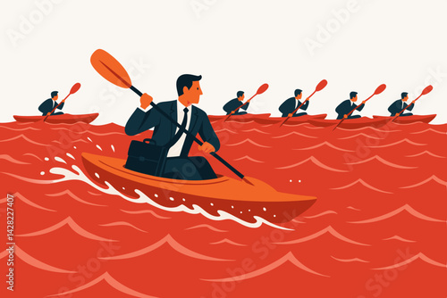 Businessman paddling kayak ahead in a competitive red ocean, illustrating strategic business leadership, innovation, and escaping intense market competition towards growth opportunities.