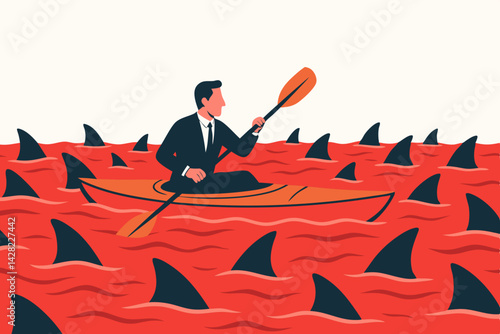 Corporate executive paddles kayak through perilous red ocean swarming with shark fins, representing navigating business challenges, fierce competition, and strategic risk management vector concept.