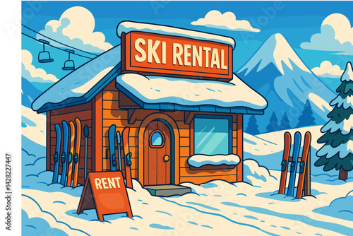 Ski Rental Shop in Winter Wonderland with Snowy Mountains  