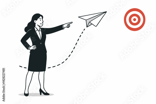Vector illustration of a businesswoman in a suit directing a paper airplane towards a bullseye target, representing business goals, strategy, leadership, and aiming for success.