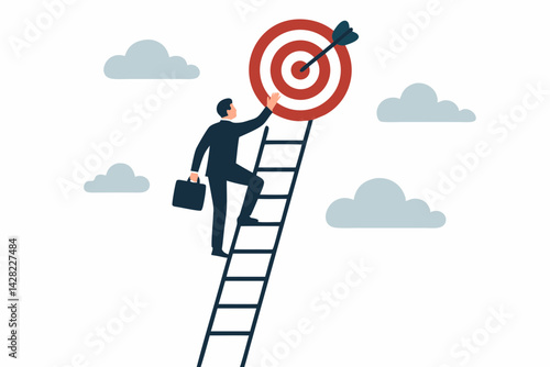 Ambitious businessman with briefcase climbs ladder towards success target among clouds, concept illustration of goal achievement, career development, strategy, motivation, and reaching objectives.