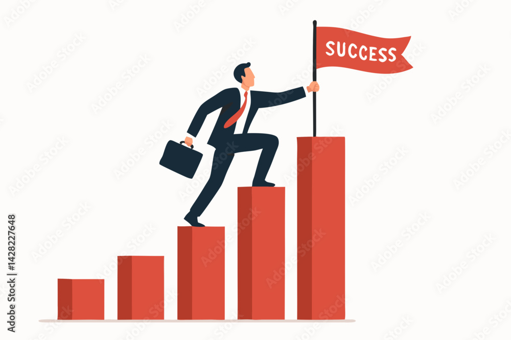 Determined businessman climbing bar chart steps towards achievement, holding a success flag representing career growth, progress, reaching goals, ambition, and leadership vector. Determined businessman climbing bar chart steps towards achievement, holding a success flag representing career growth, progress, reaching goals, ambition, and leadership vector.