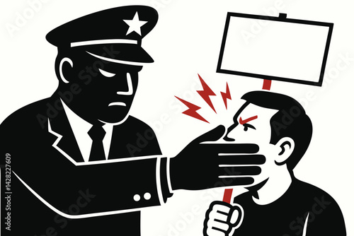 Freedom of speech denied: Bold vector illustration of a police officer silencing a demonstrator holding a blank protest sign, representing censorship, authority, oppression, and suppressed voices.